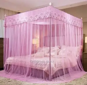Pink Mosquito Net Four Supports