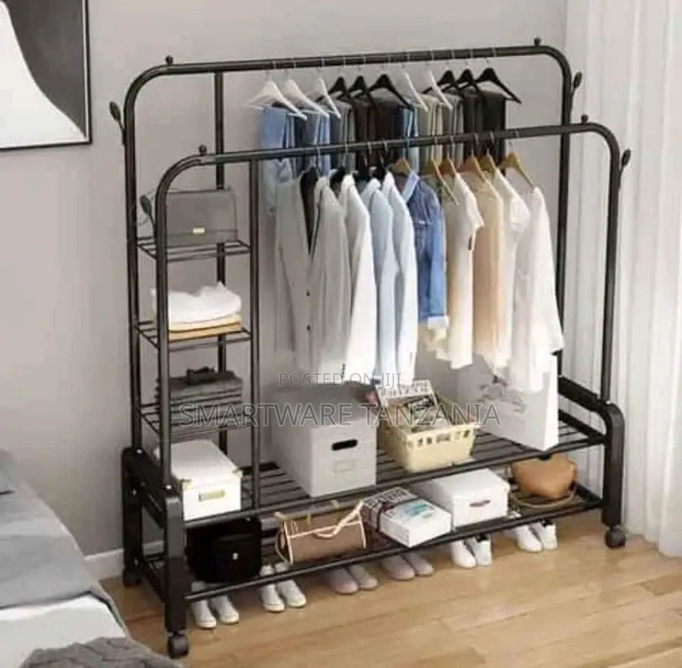 Clothes Rail Metal Double Garment Rack Hanging Rod Stand