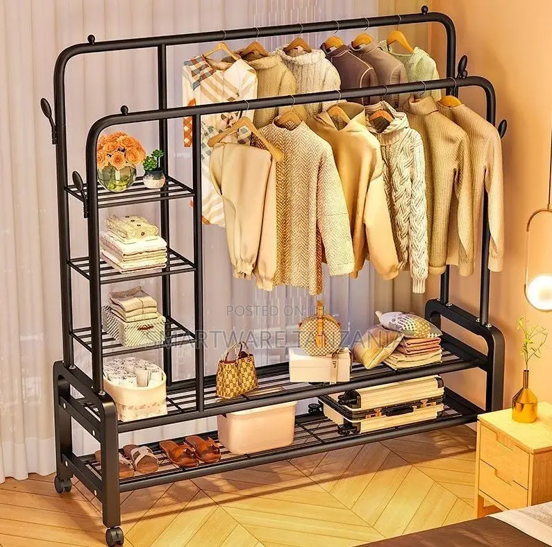 Moveable Clothing Stand Cloth Storage Organizer Wheels Shelf