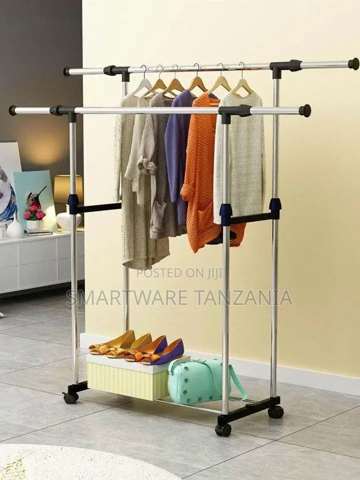 Double-Pole Adjustable Clothes Hanger With Shoe Rack