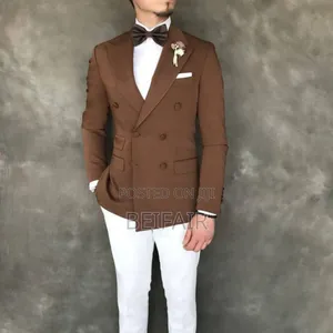 Brown and White | Double Breasted Men Suit | Suti Za Kiume