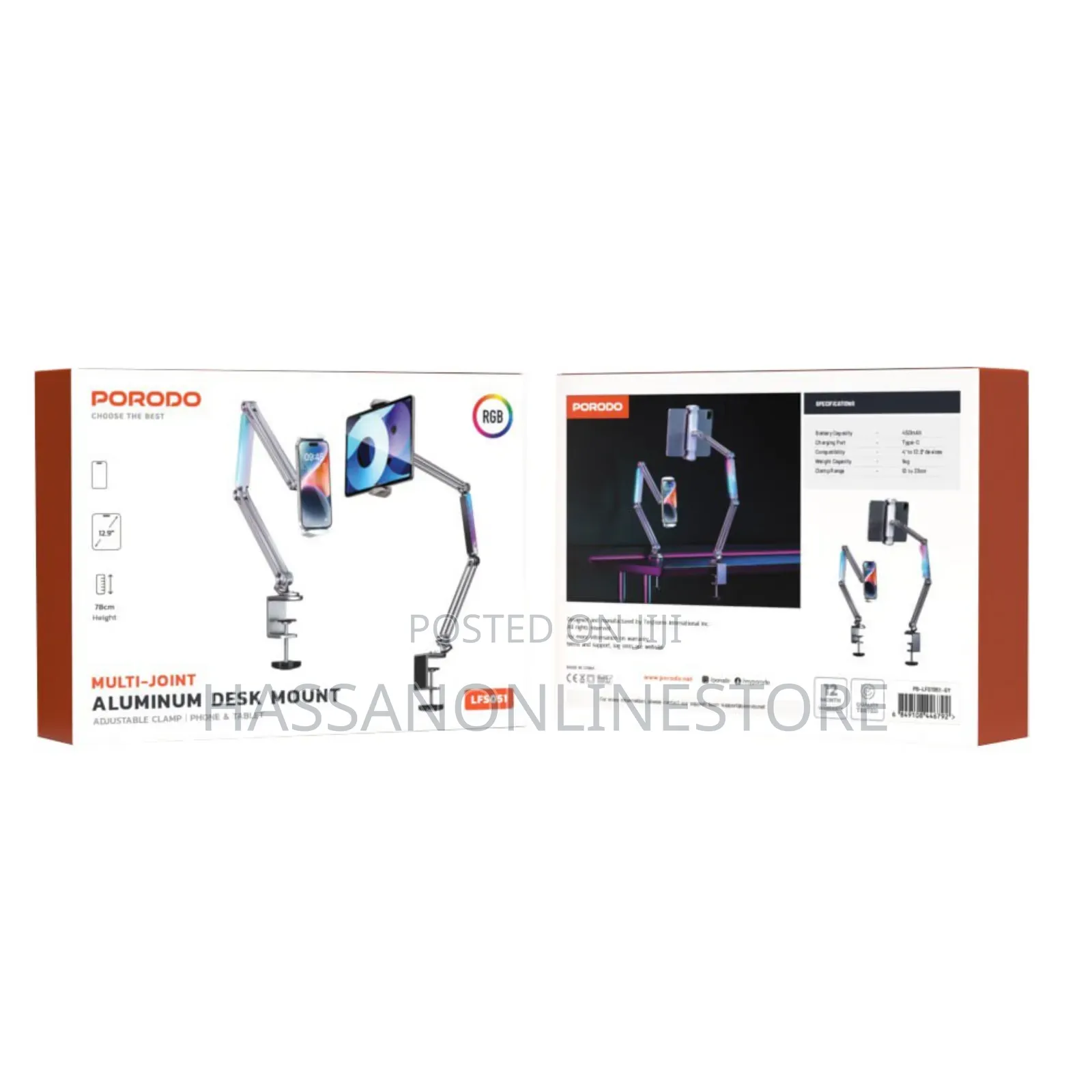 Porodo Multi-Joint Aluminum Desk Mount With RGB Light