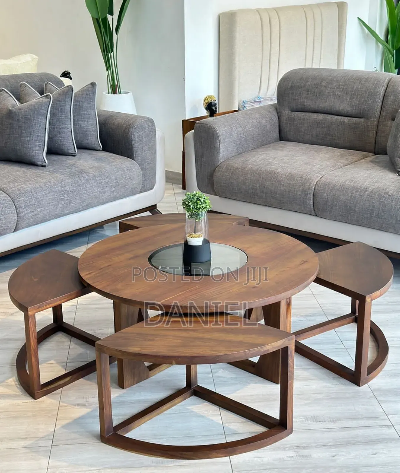 Coffee Table Ya Round Mbao Ngumu Rangi Brown