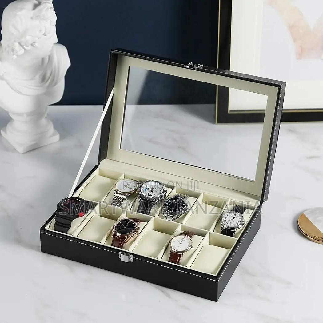 Watch Display Box Organizer, PU Leather With Glass Top