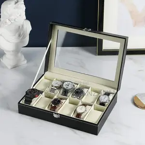 Watch Display Box Organizer, PU Leather With Glass Top