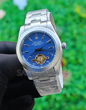 Rolex Semi Skeleton Watch Silver Belt and Blue Case