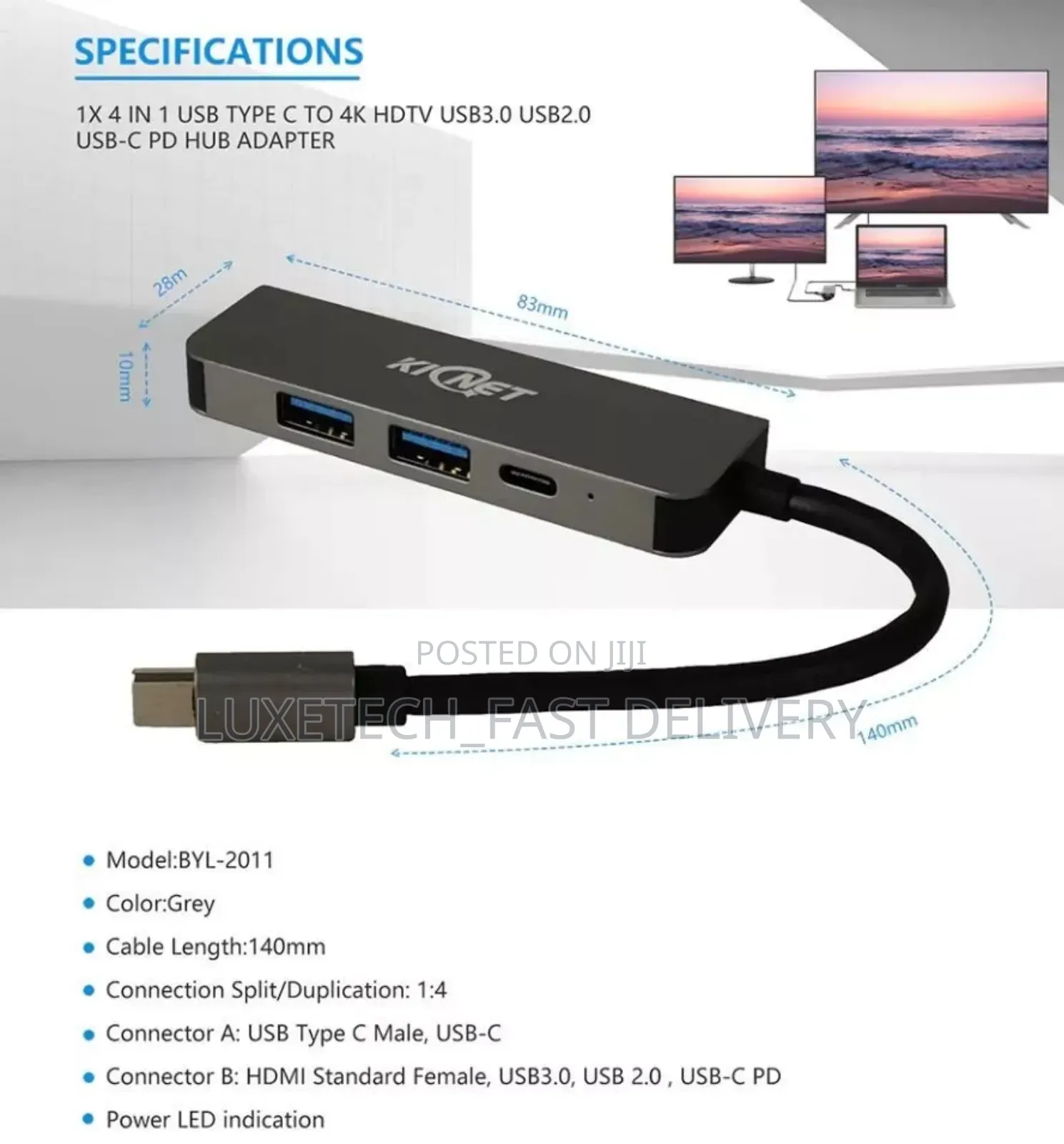 Adapter Type-C Hub 4 in 1 Multiple Ports