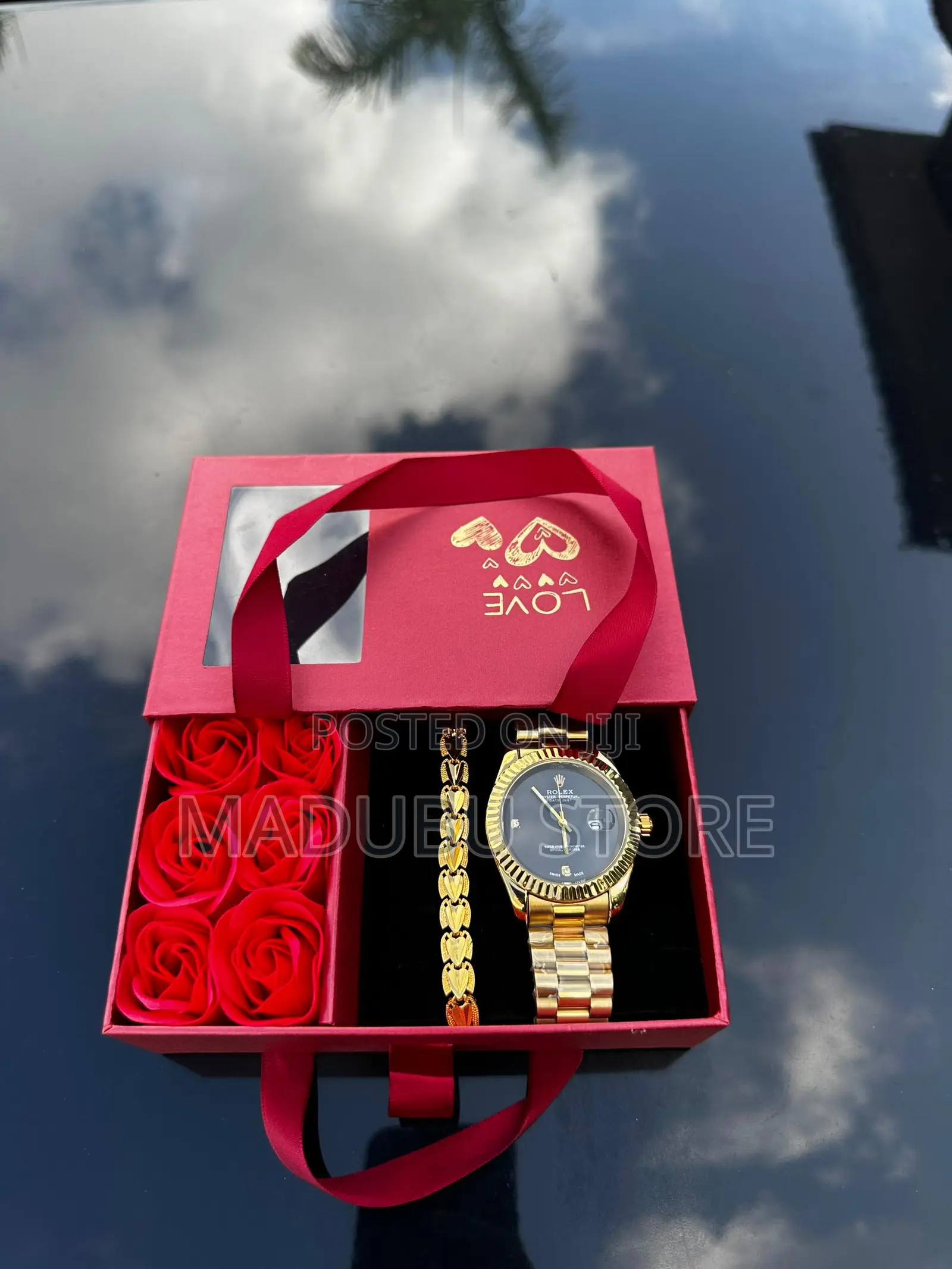 Love Box With Roses, Watch, and Bracelet