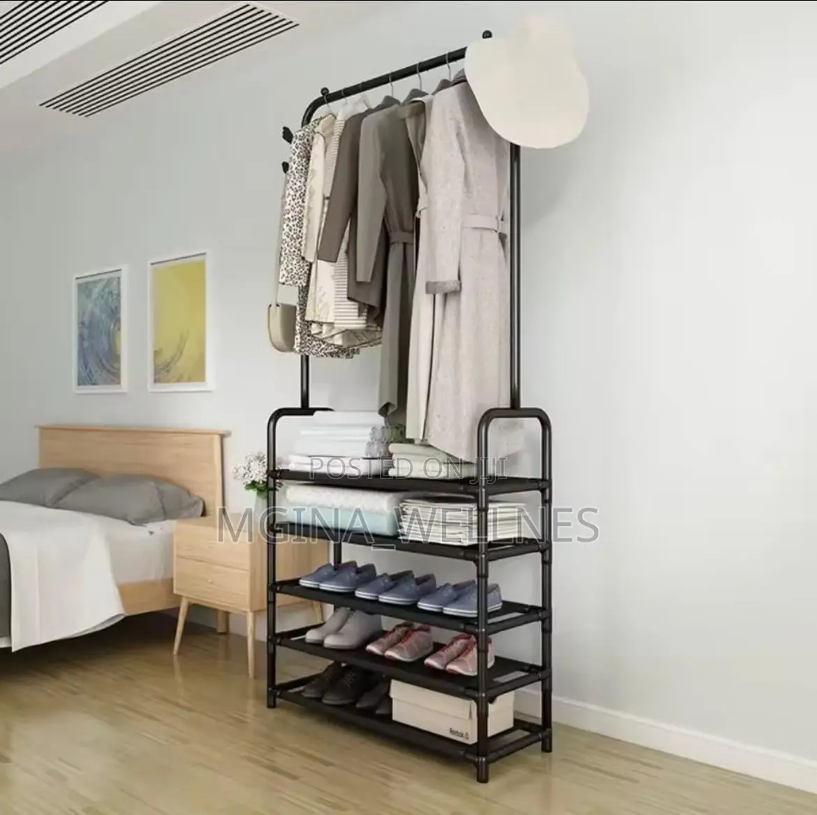 Cloth Storage Rack Floor Standing Shelf Hook Shoe Rack