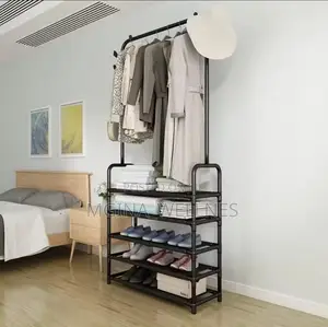 Cloth Storage Rack Floor Standing Shelf Hook Shoe Rack