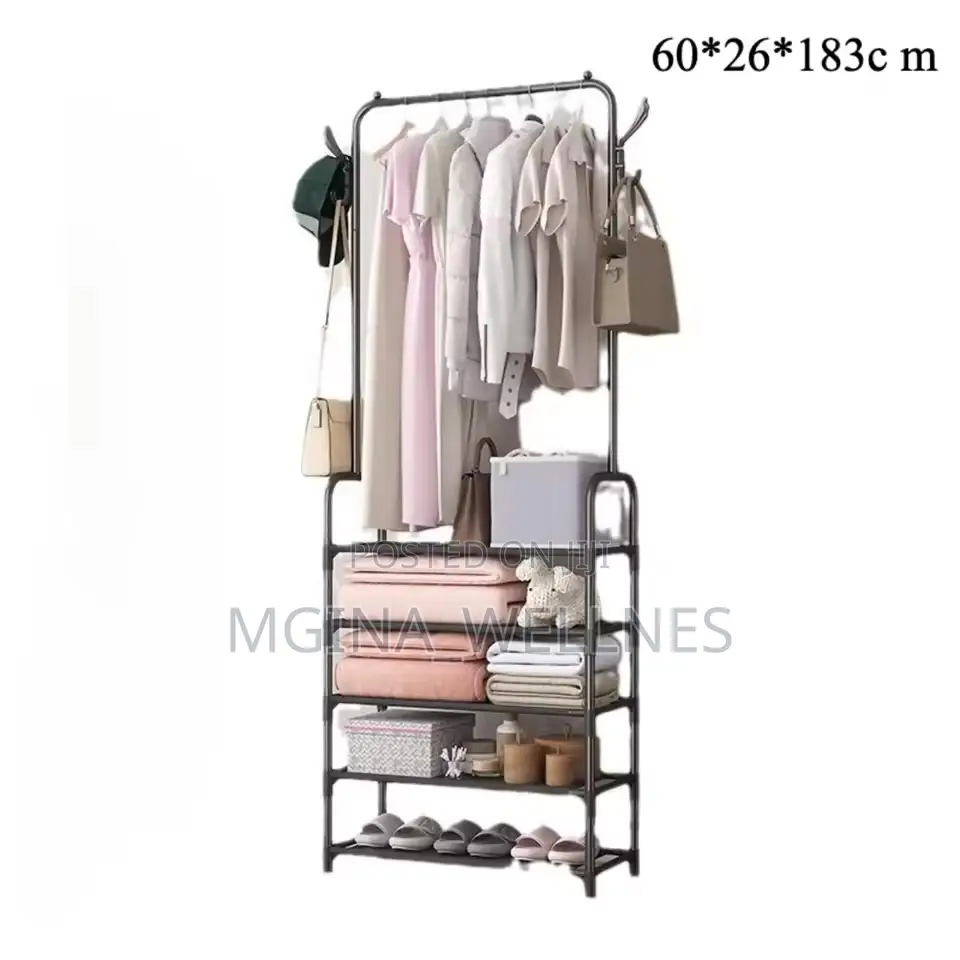 Cloth Storage Rack Floor Standing Shelf Hook Shoe Rack