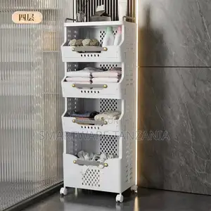 Trolley 4 Tier Laundry Cart With Handle Wheels Foldable