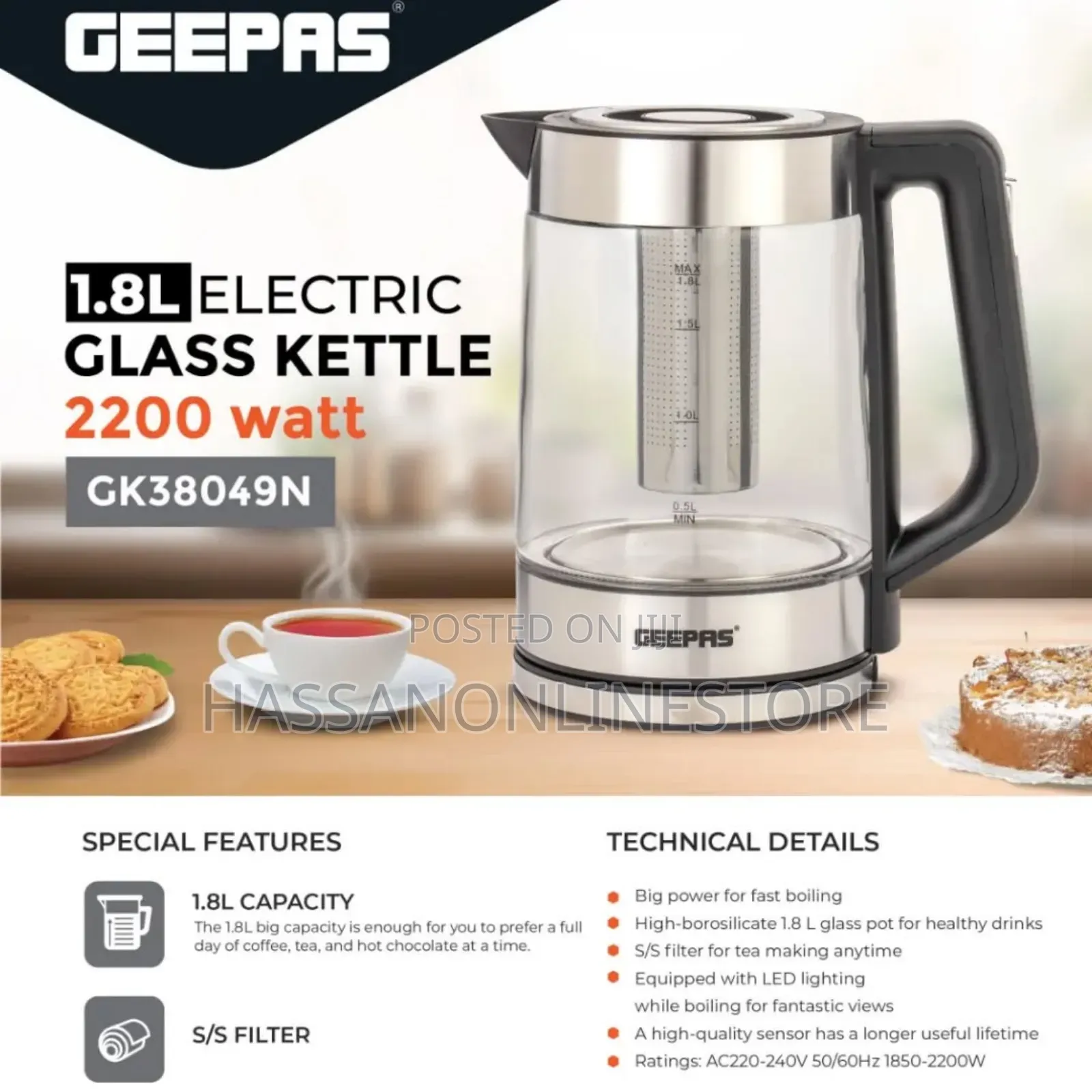 Geepas Electric Glass Kettle Gk3804