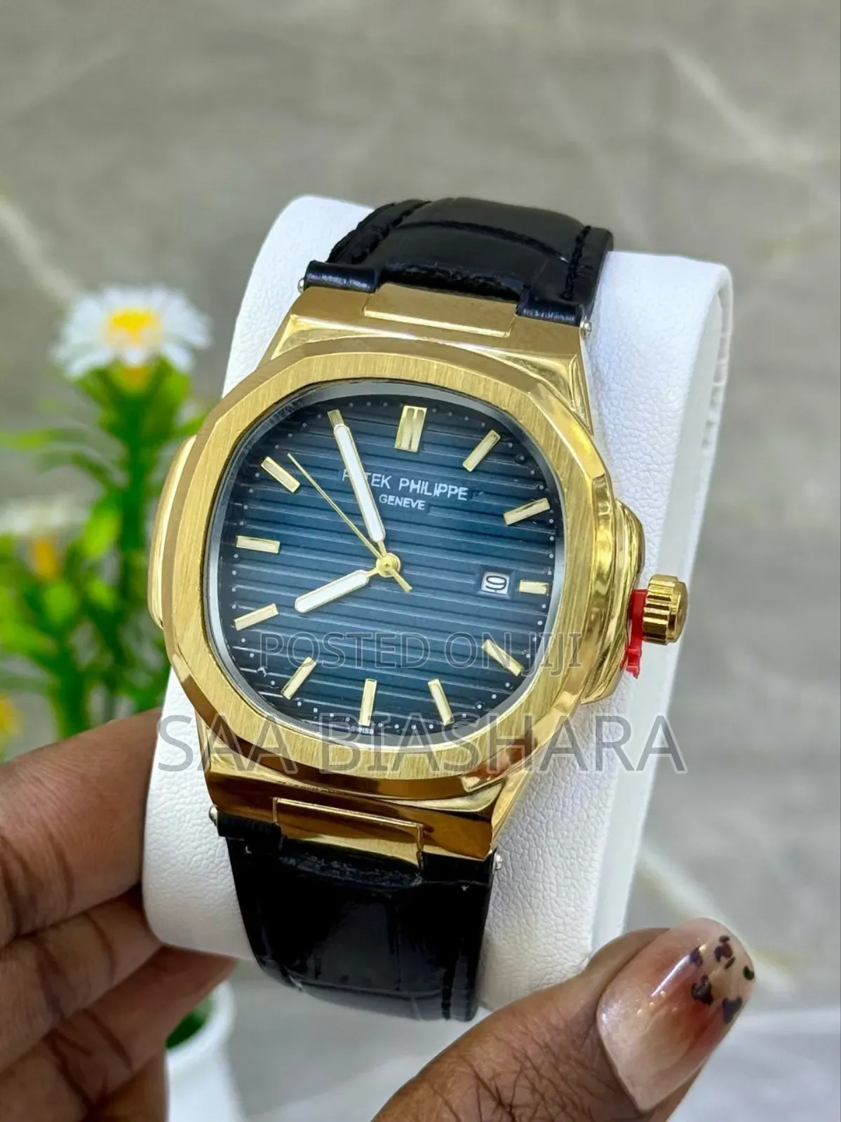 Pattek Phillipe Nautilus Leather Belt Black and Gold