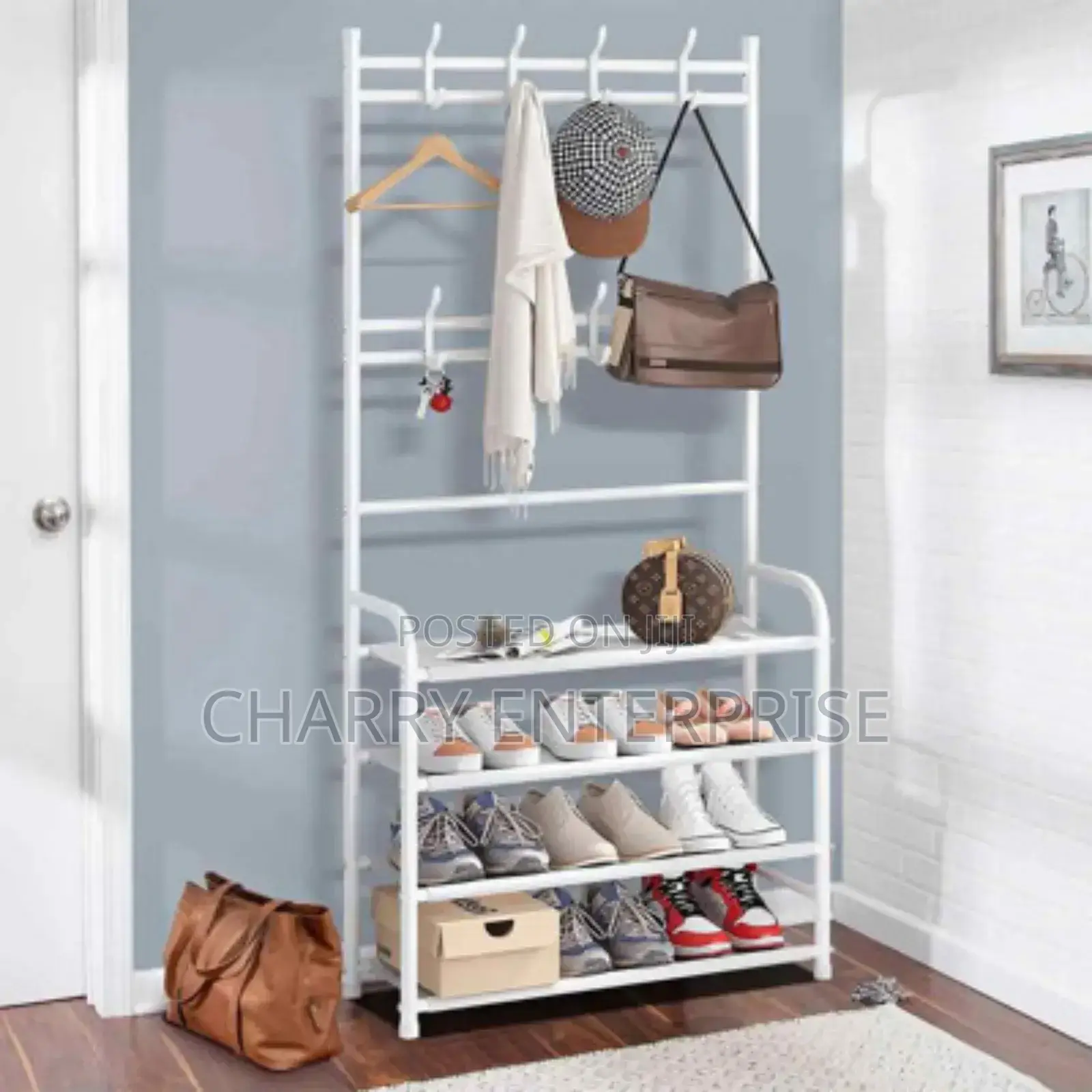Multifunctional Coat and Shoe Rack With a Metal Frame
