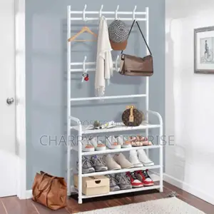 Multifunctional Coat and Shoe Rack With a Metal Frame
