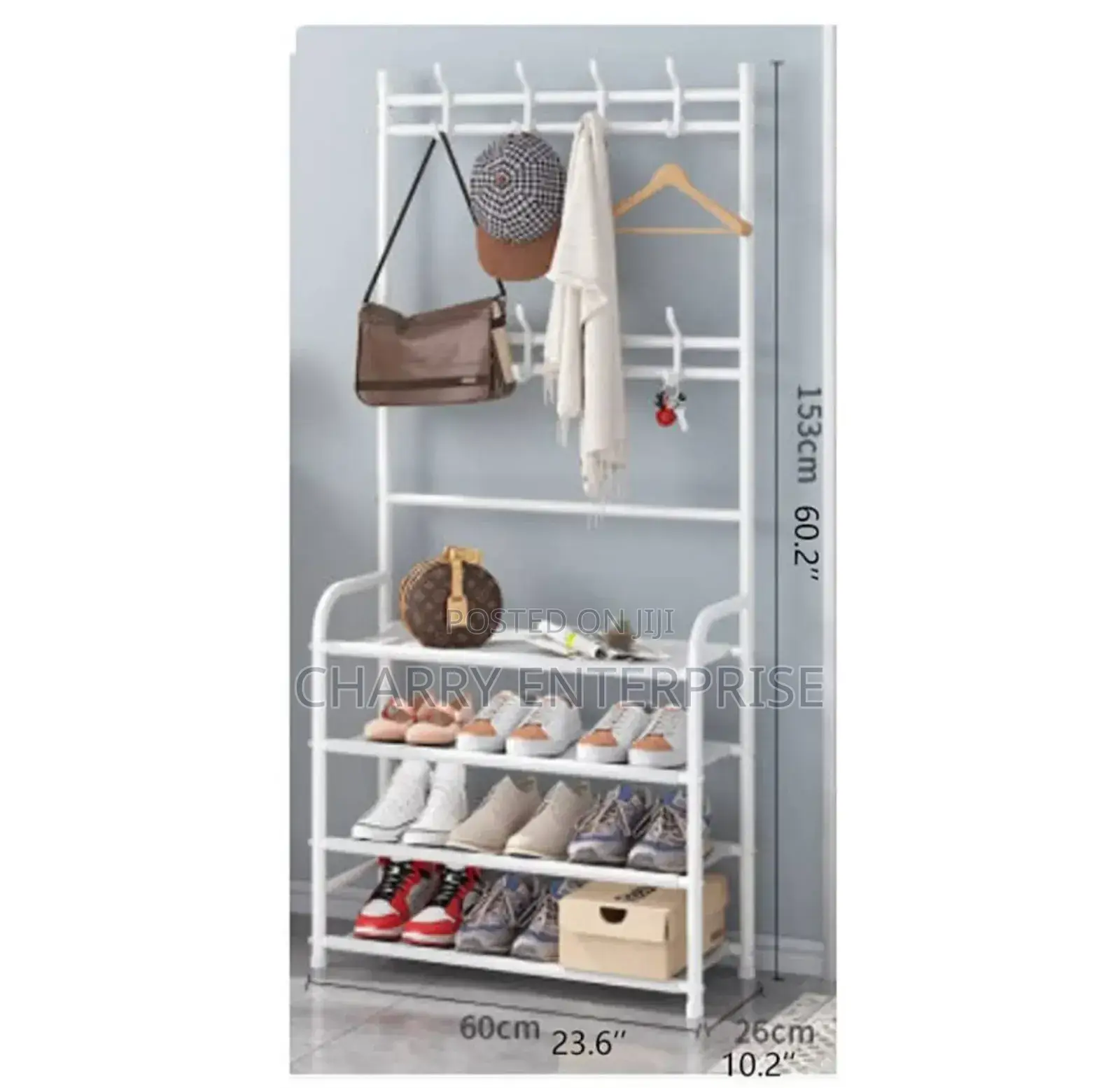 Multifunctional Coat and Shoe Rack With a Metal Frame