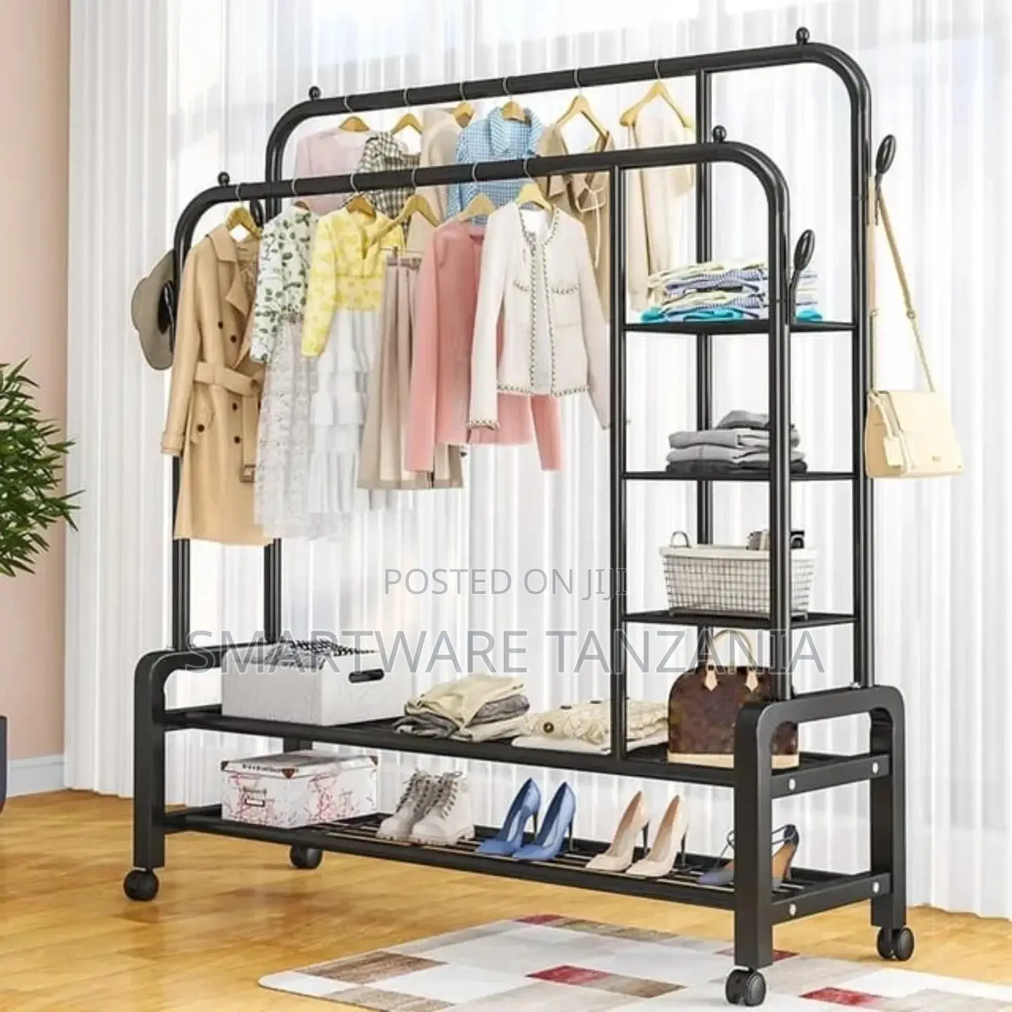 Double Rod Clothes Rack, Metal Garment Rack With Wheels