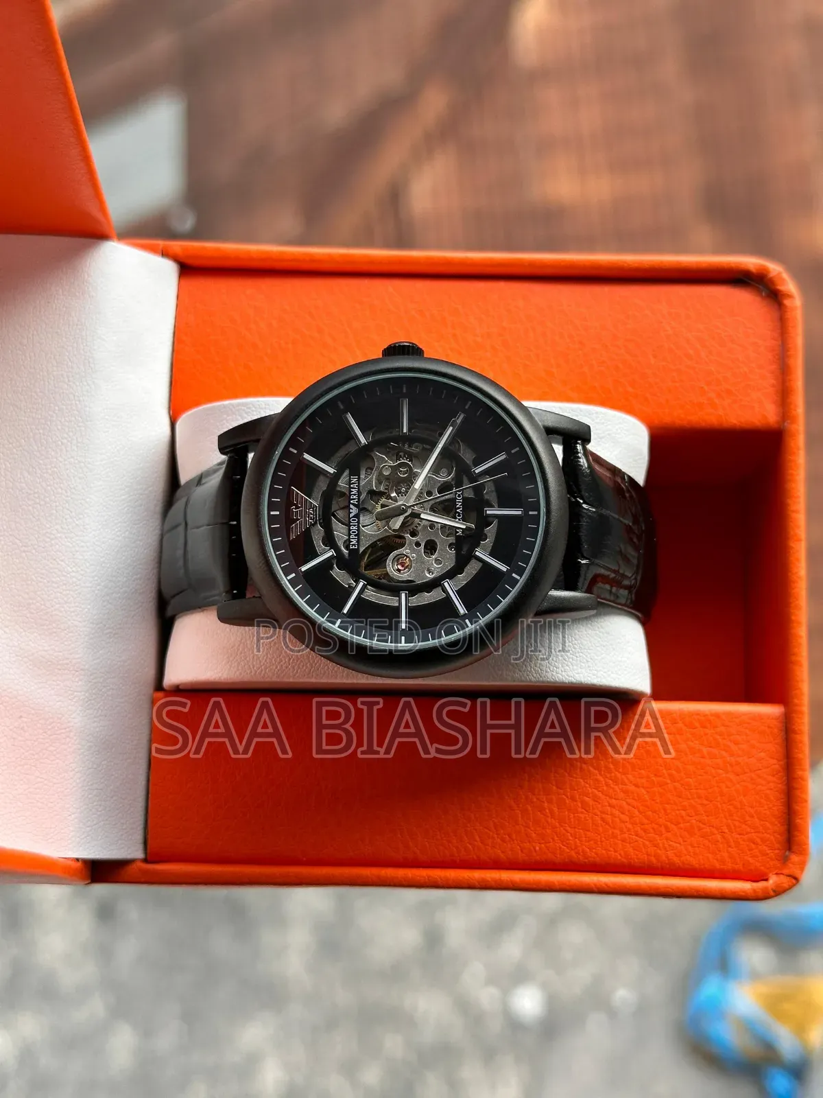 Emporio Armani Automatic Watch Genuine Leather Black
