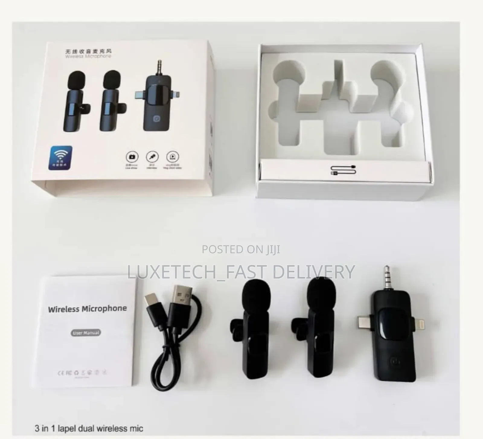 3-in-1 Wireless Lavalier Mic for 3.5mm, Lightning, Type-C