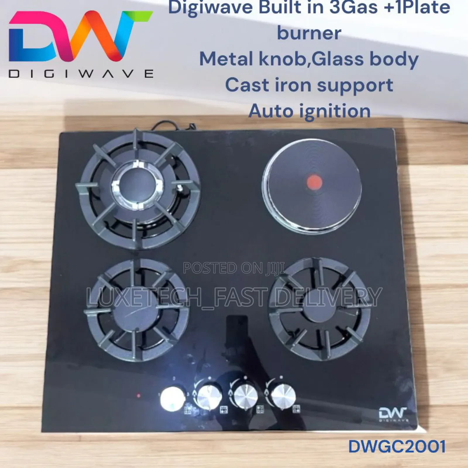 Digiwave Built-in Hob 3 Gas Burners and 1 Electric Hot Plate