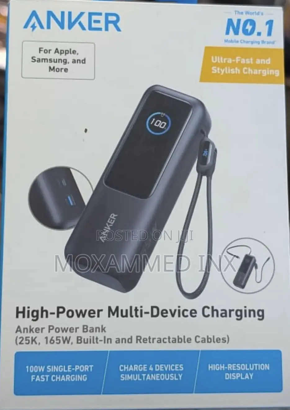 Anker Power Bank 165w, Built-in and Retractable Cable
