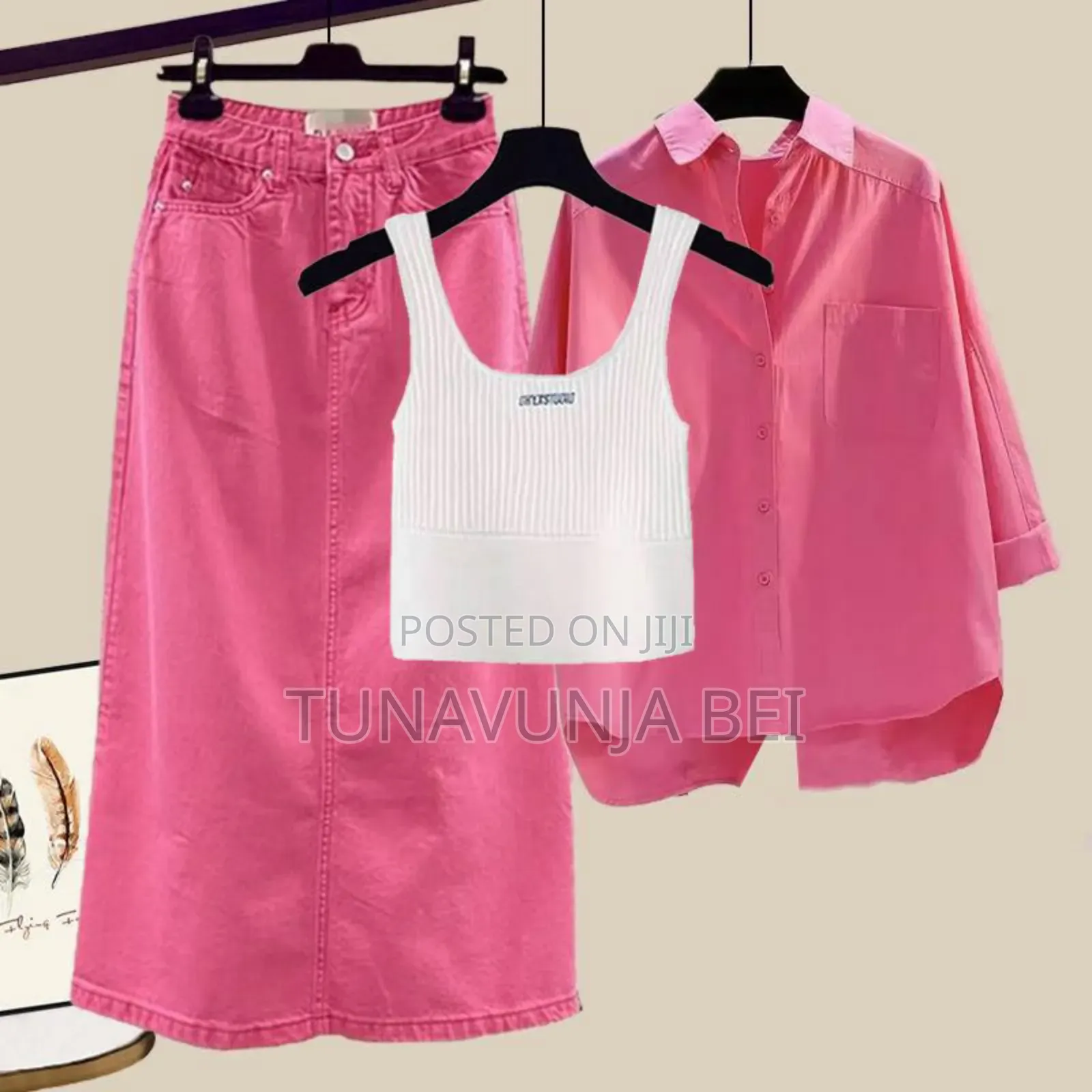 3pc Pink Power Set ( Shirt + Top + Skirt Jeans)