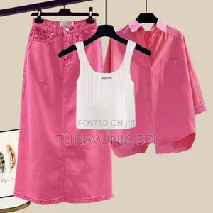 3pc Pink Power Set ( Shirt + Top + Skirt Jeans)
