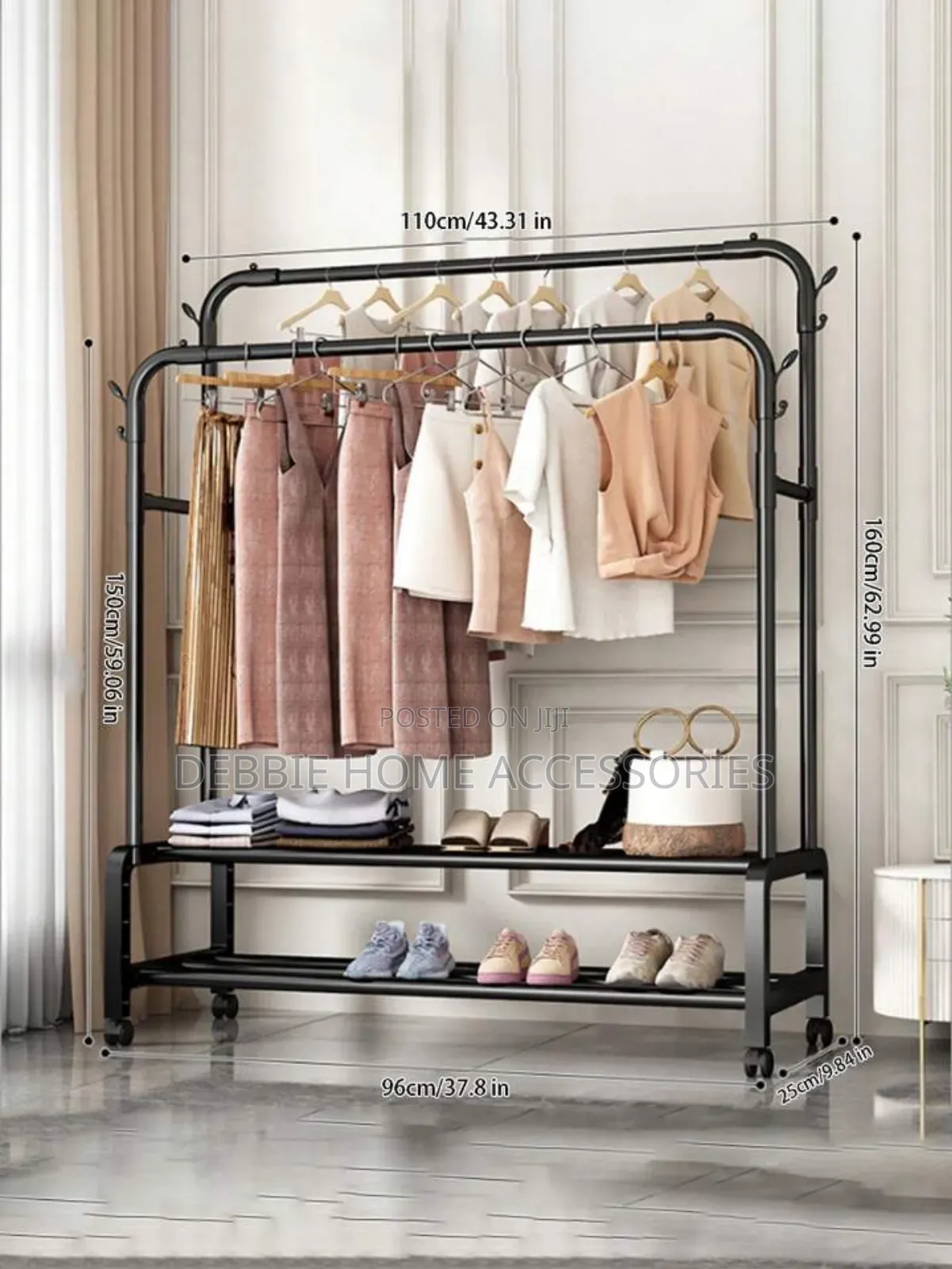Metal Clothes Hanger Organizer With Wheels Black
