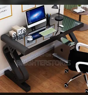 Black Office Table 100*60cm *75cm Top Glass With Metal Legs