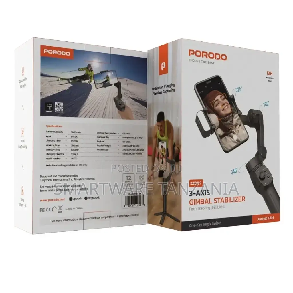 Porodo 3-Axis Gimbal Stabilizer Magnetic Fill Light Black