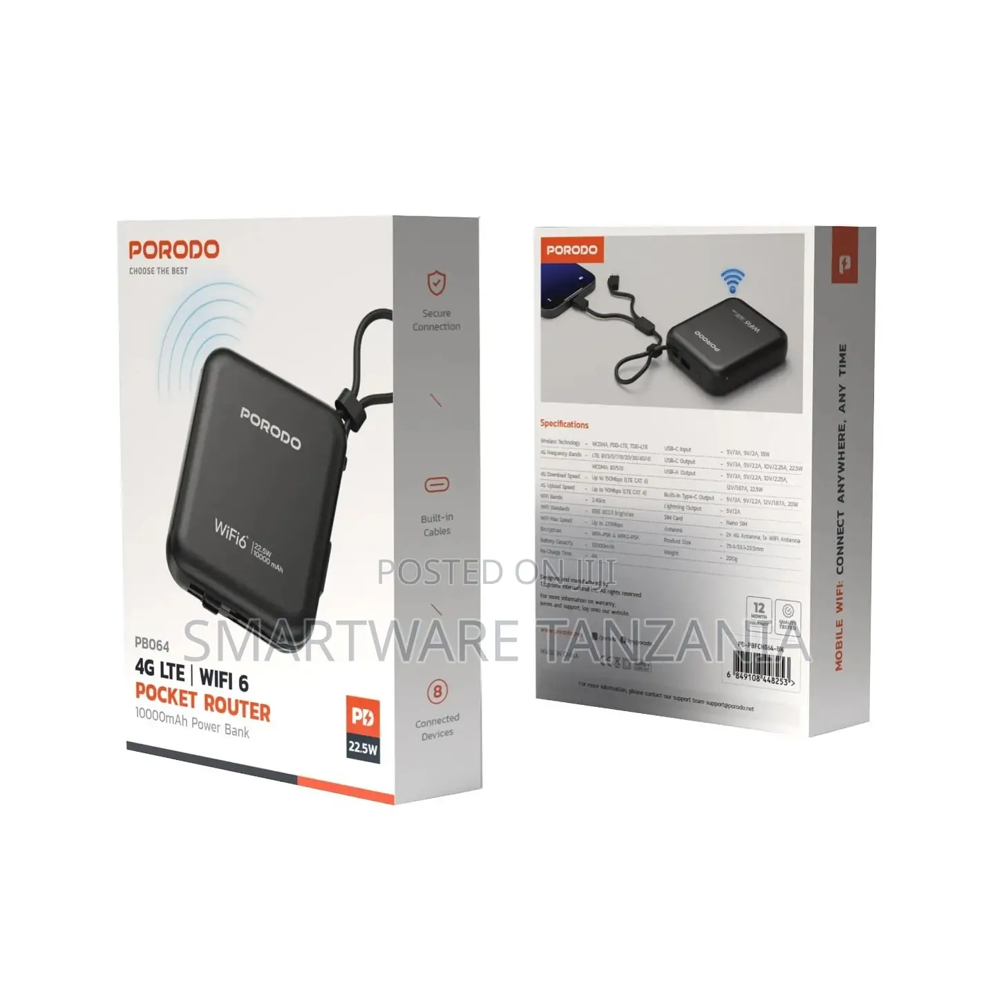 Porodo 4g Lte | Wifi 6 Pocket Router - Black