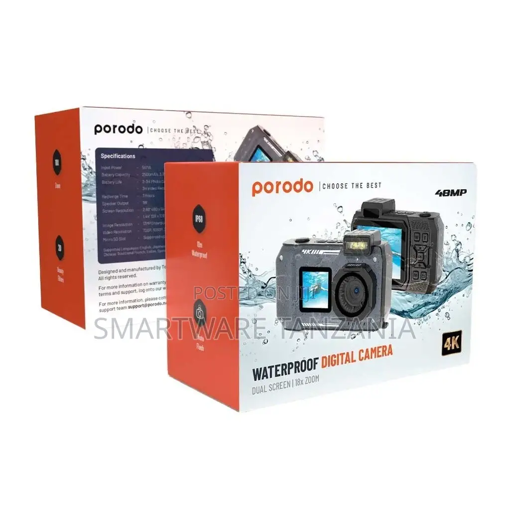 Porodo Waterproof Digital Camera Dual Screen 18x Zoom
