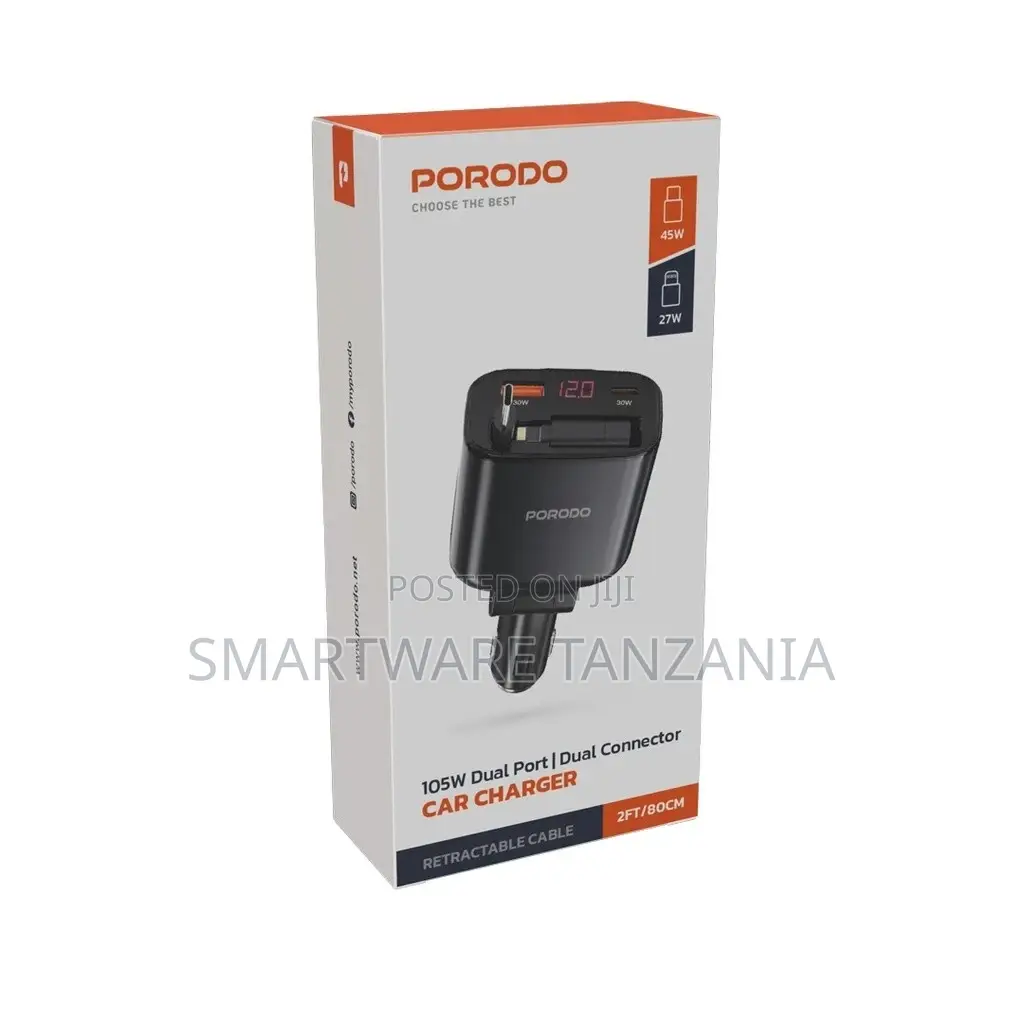 Porodo 105w Car Charger With Cable And Digital Display Black