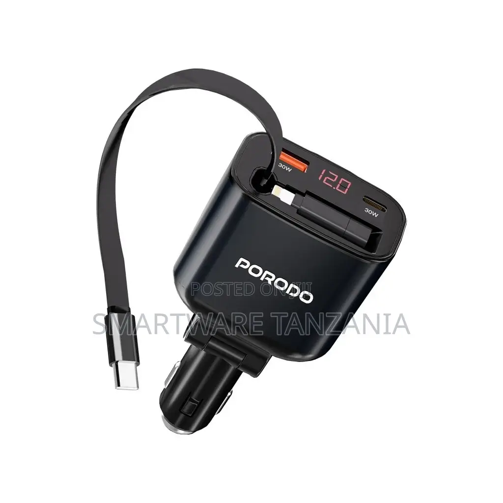 Porodo 105w Car Charger With Cable And Digital Display Black