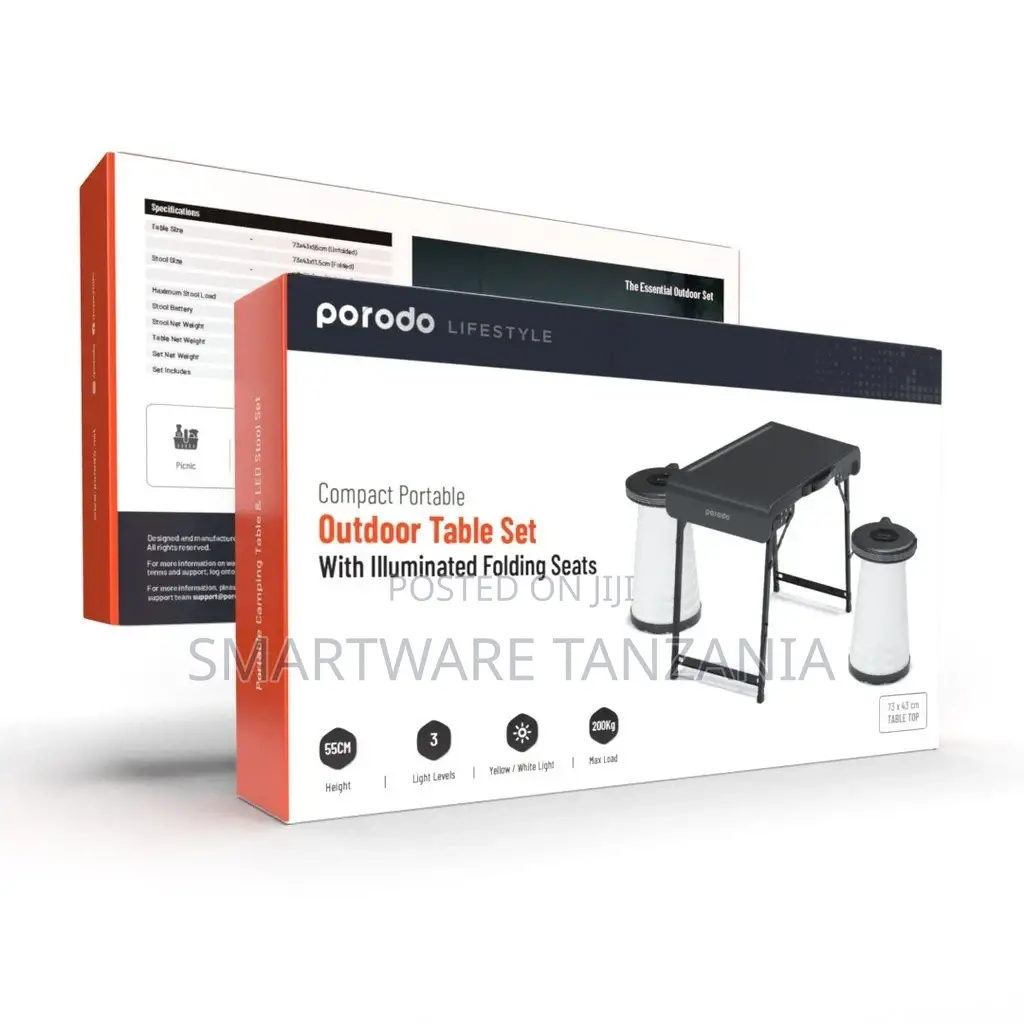 Porodo Camping Foldable Desk and Led Stool Set - Grey