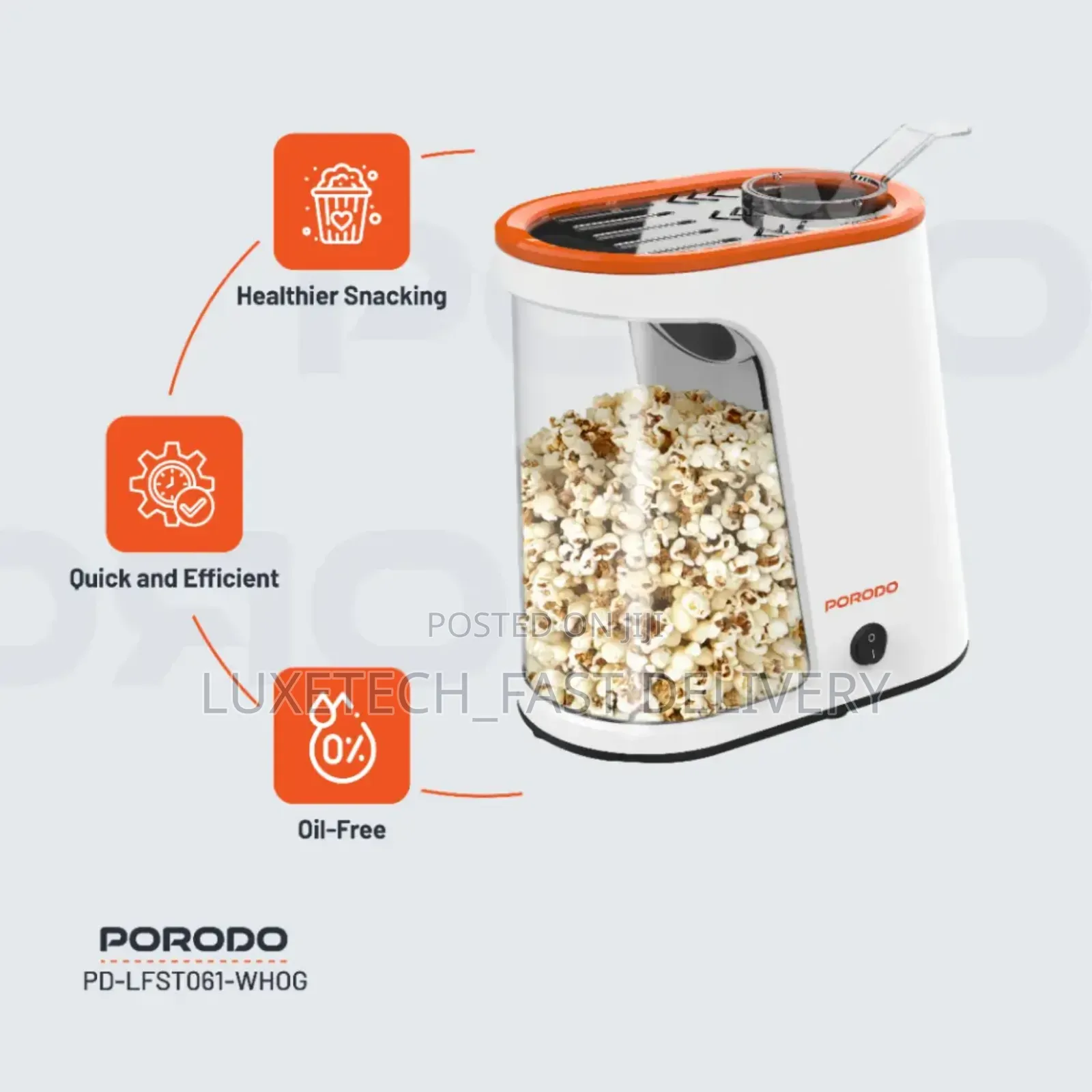 Porodo Air-Popped Popcorn Maker - Oil-Free Popping