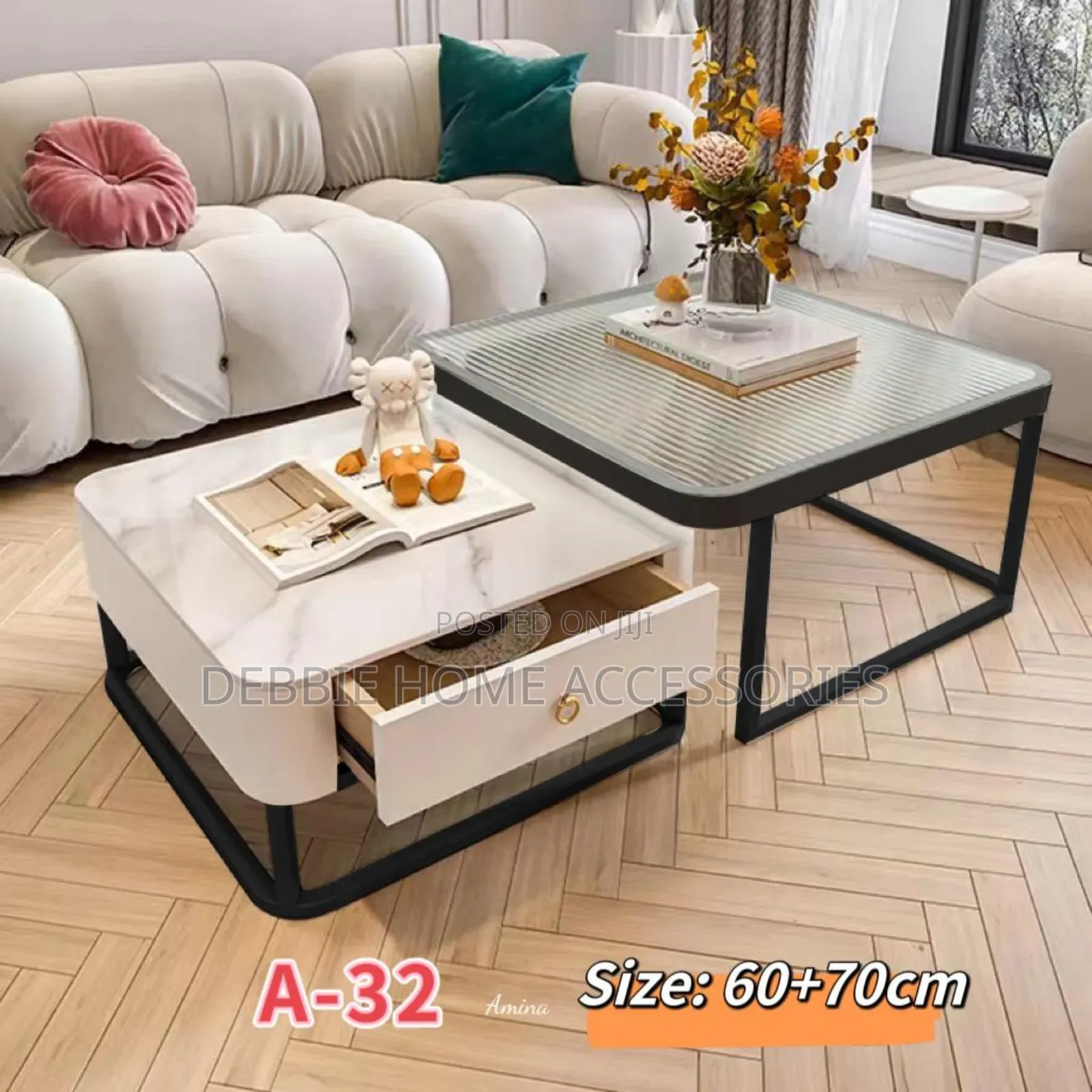 Coffee Table of Set of 2 With Tempered Glass and Drawer Storage