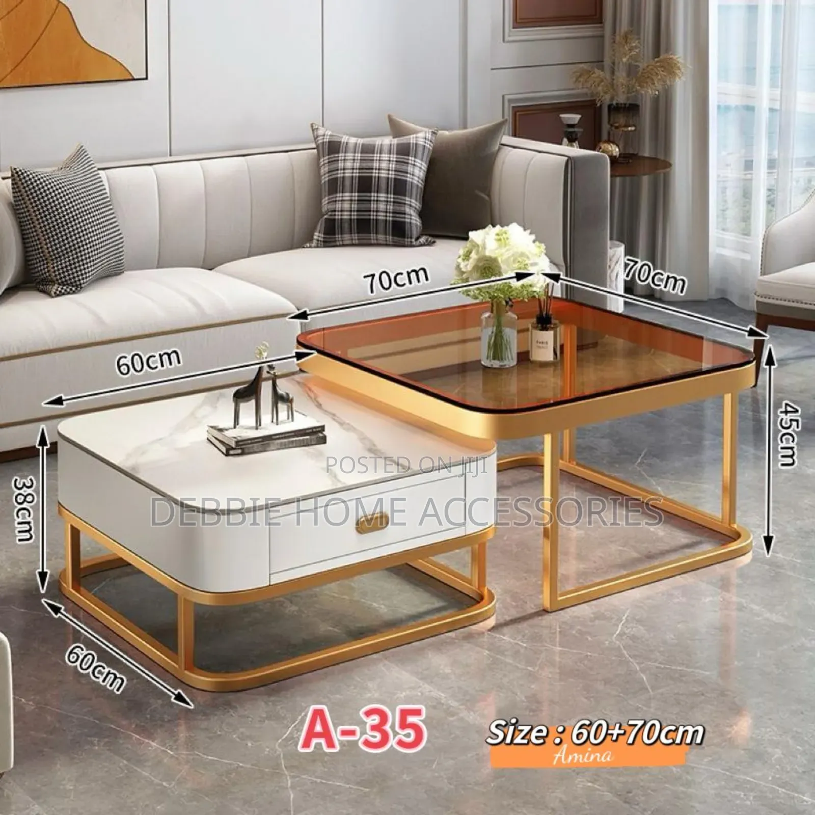 Coffee Table of Set of 2 With Tempered Glass and Drawer Storage