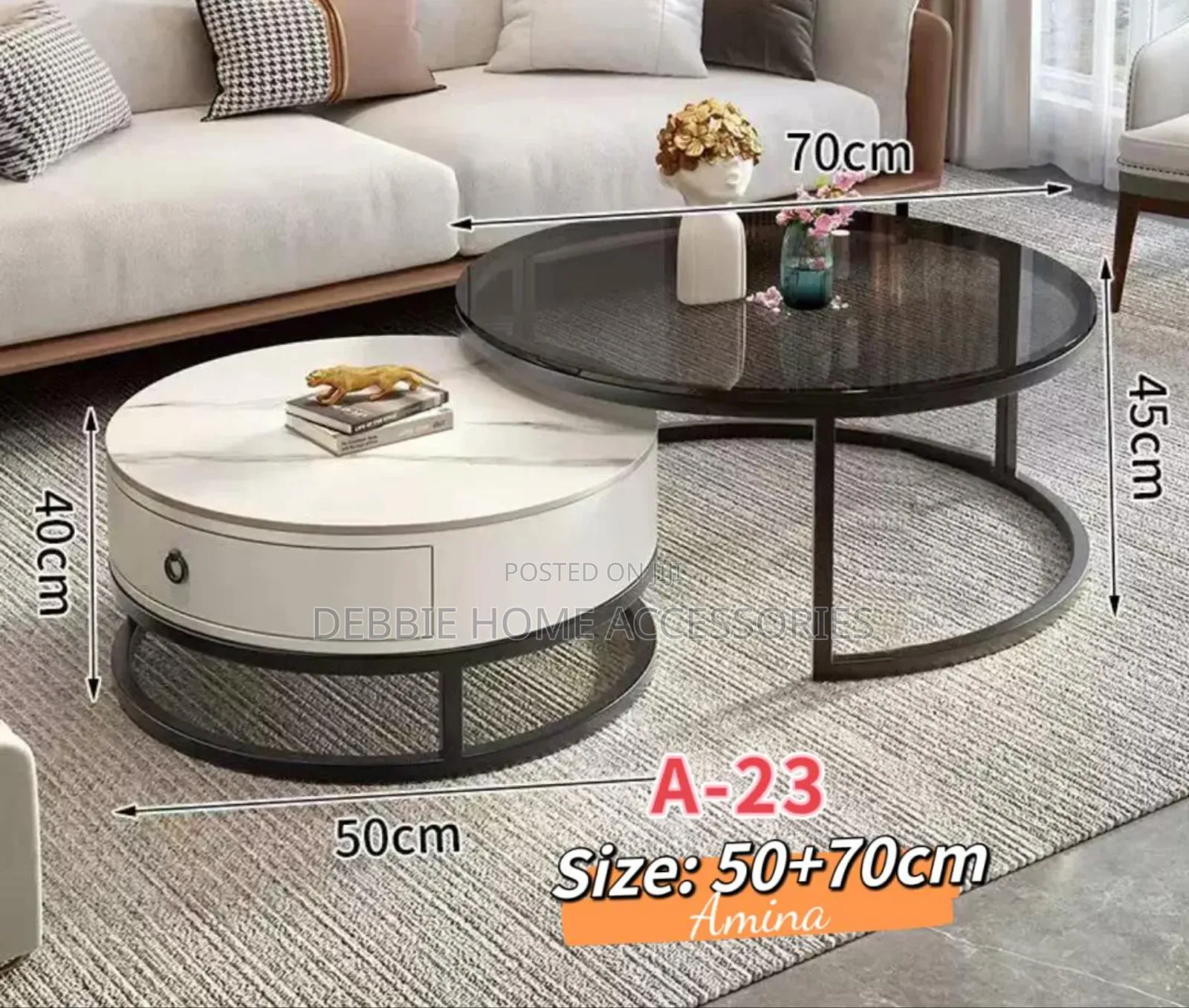 Coffe Table Set of 2 Round Shape With Drawer Storage