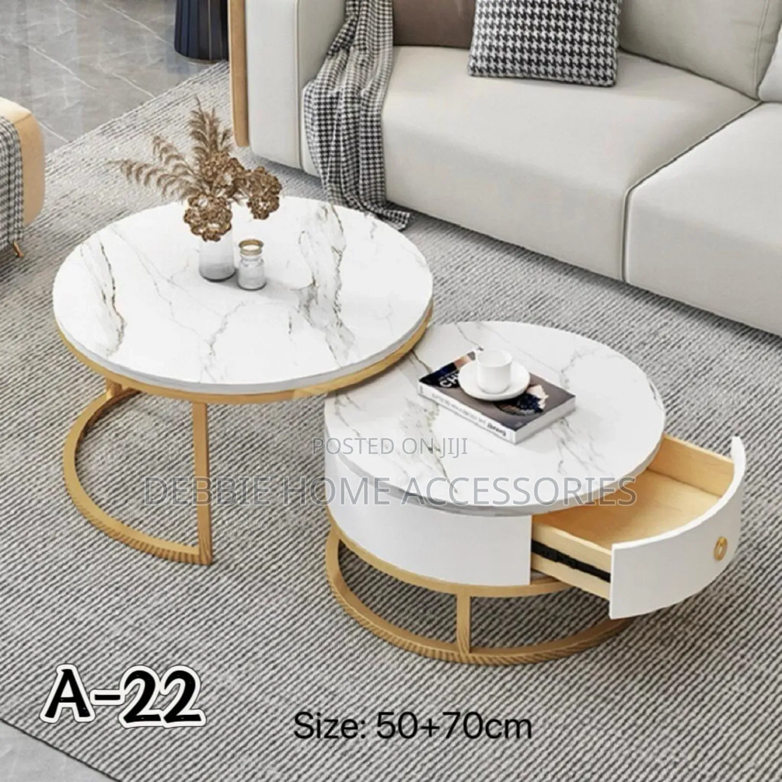 Coffe Table Set of 2 Round Shape With Drawer Storage
