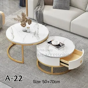 Coffe Table Set of 2 Round Shape With Drawer Storage