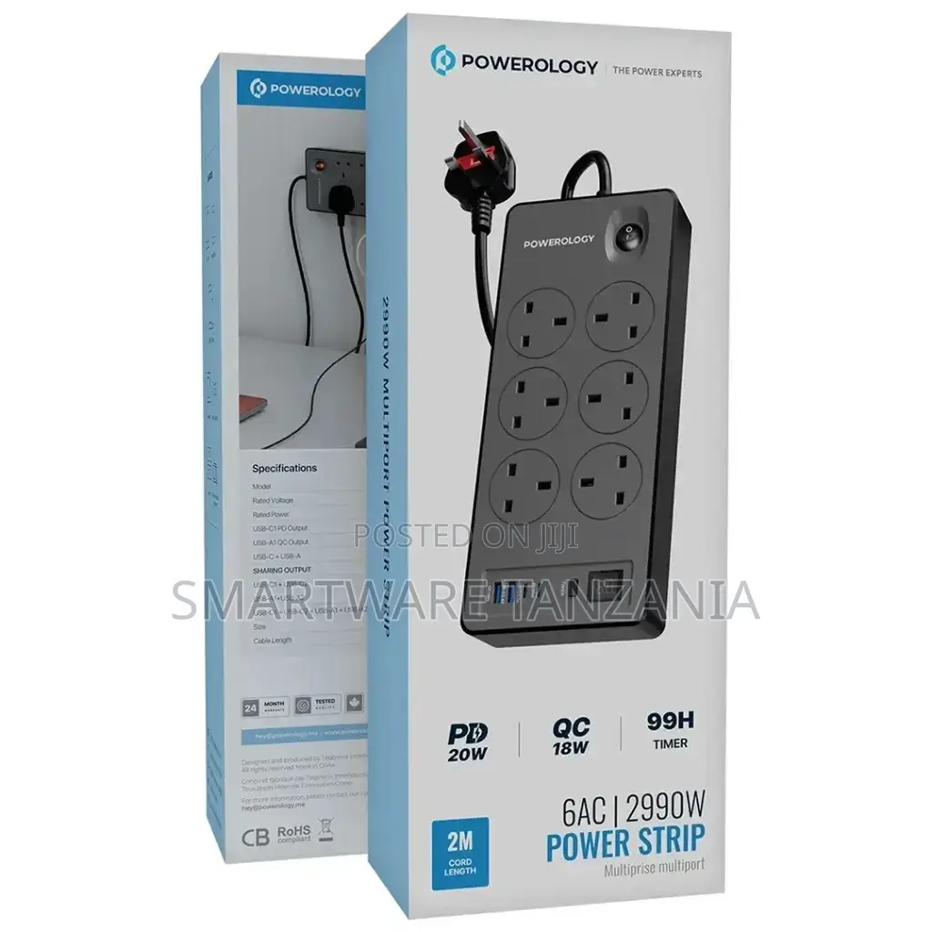Powerology 6ac 2990w Power Strip Pd 20w - Black