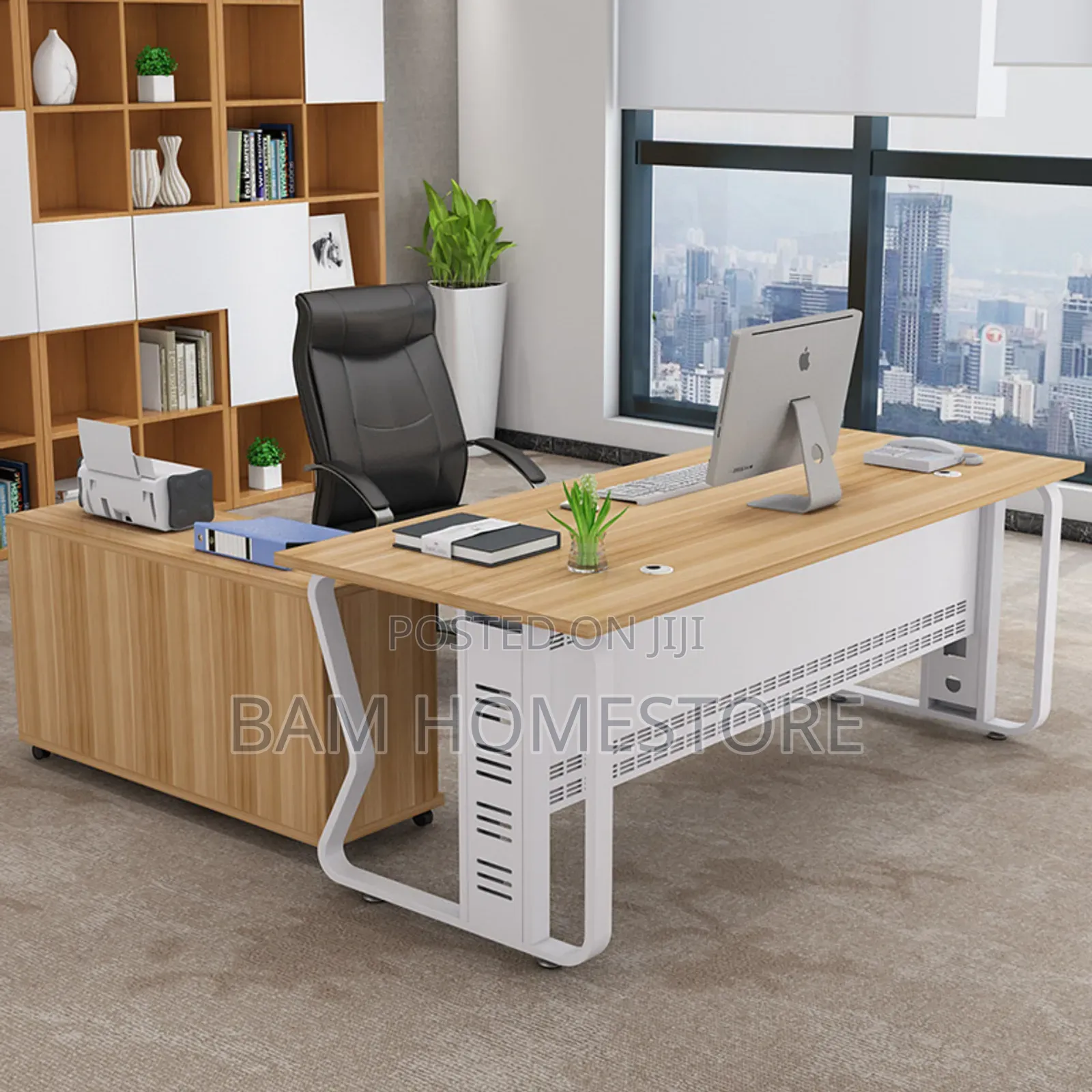 Modern L-Shaped Office Desk With a Side Cabinet.