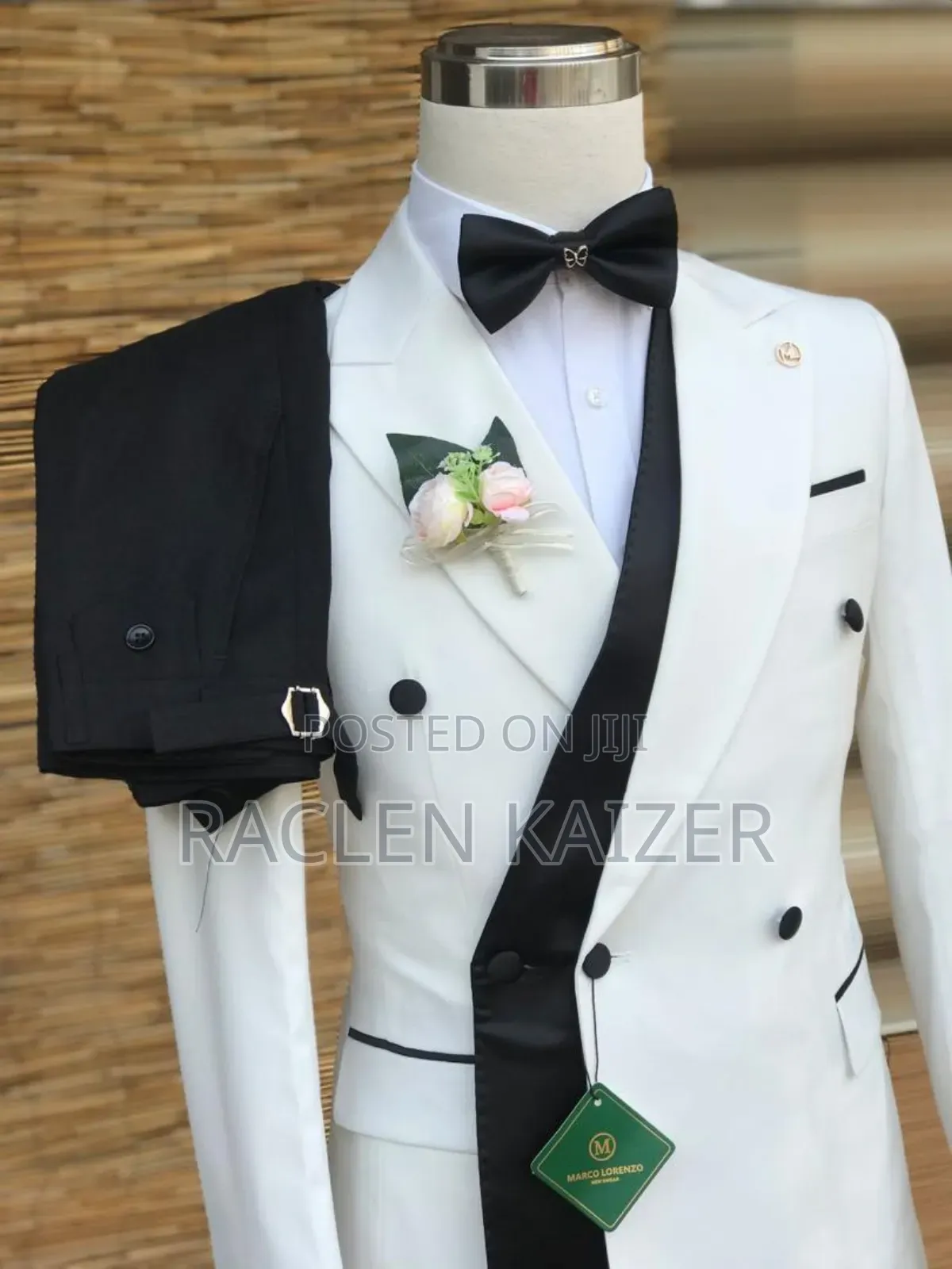 Double-Breasted Tuxedo Suit With a White Base Color and Black Accents