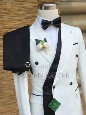 Double-Breasted Tuxedo Suit With a White Base Color and Black Accents