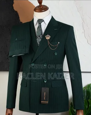 Double-Breasted Green Suit With a Pinstripe Pattern