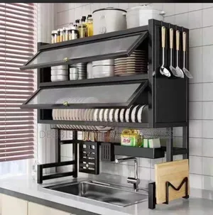Double-Layer Over-the-Sink Dish Drying Rack With Cabinetry.