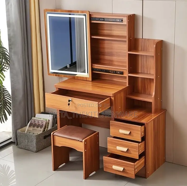 Dressing Table With 4 Drawers, Storage Rack and Padded Stool