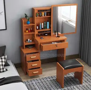 Dressing Table With 4 Drawers, Storage Rack and Padded Stool